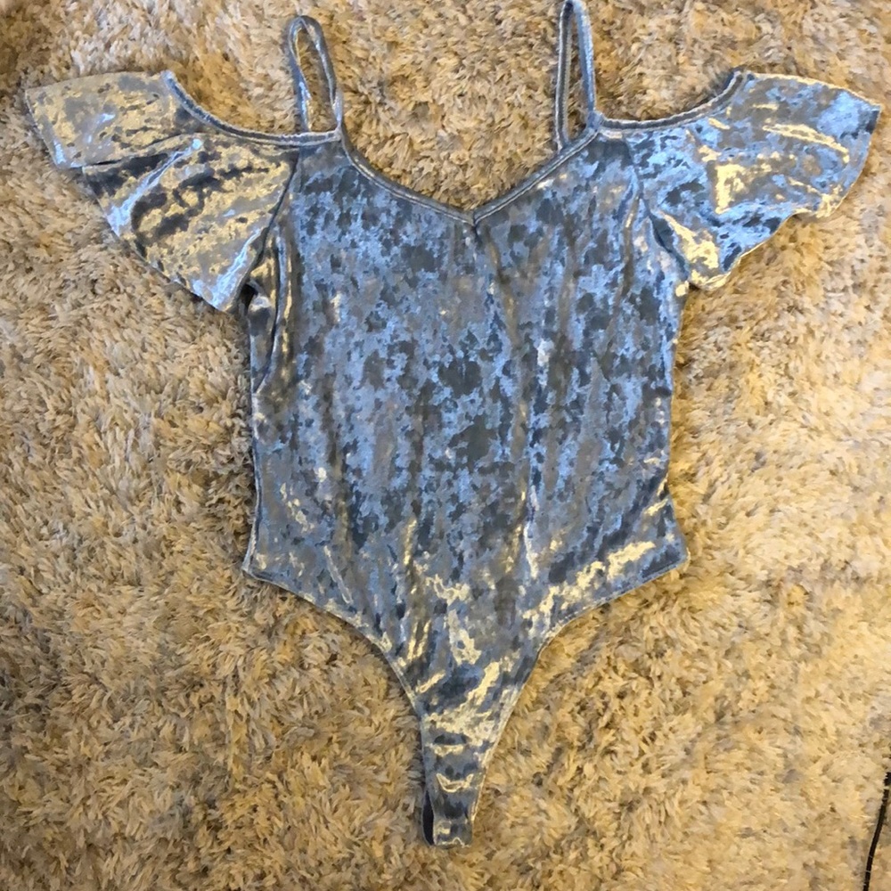 Crushed light blue velvet off shoulder bodysuit